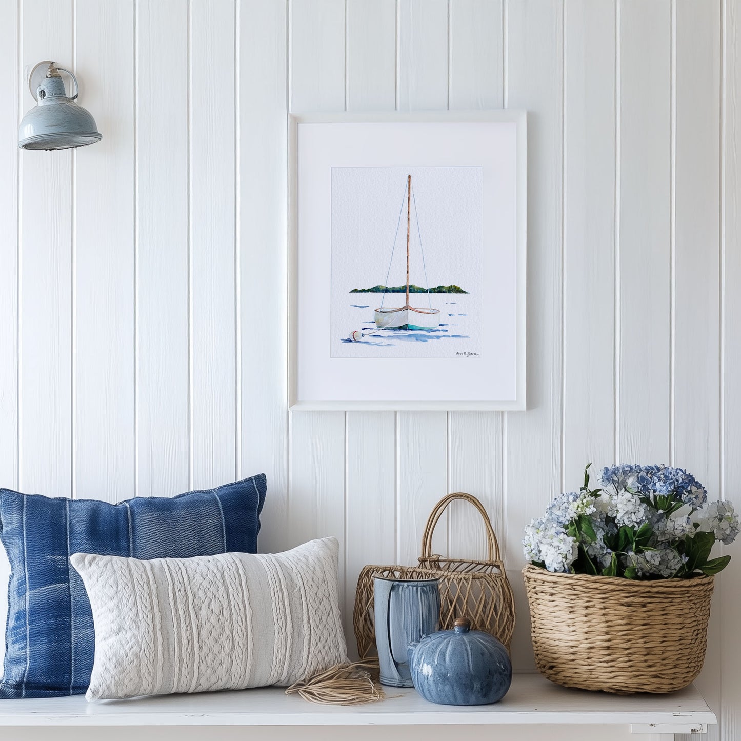 Moored Sailboat Framed Watercolor Art Print