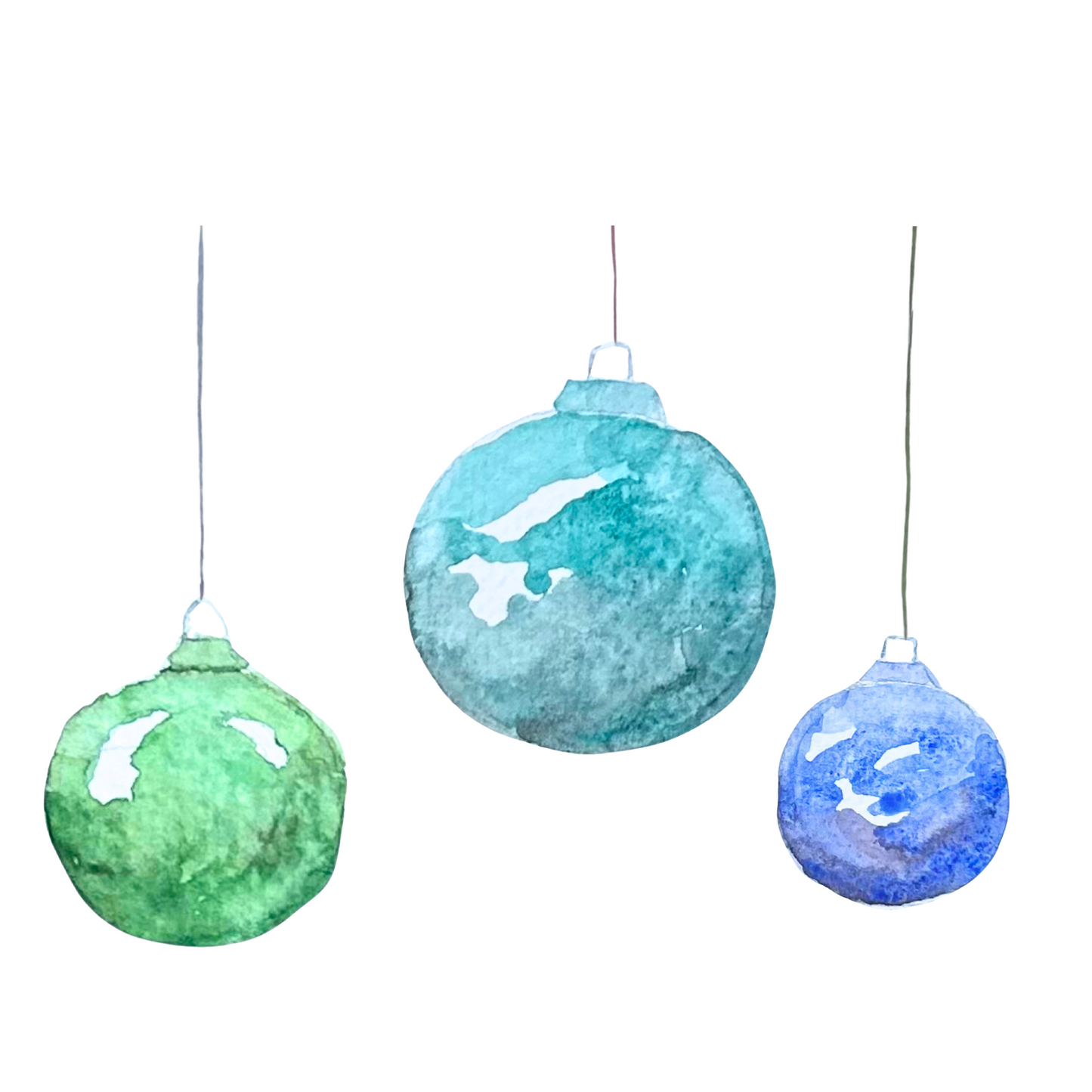 Blue & Green Ornaments Watercolor Holiday Card Set