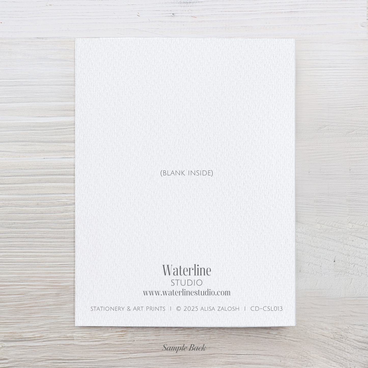 White card with 'Waterline Studio' text on a textured white surface