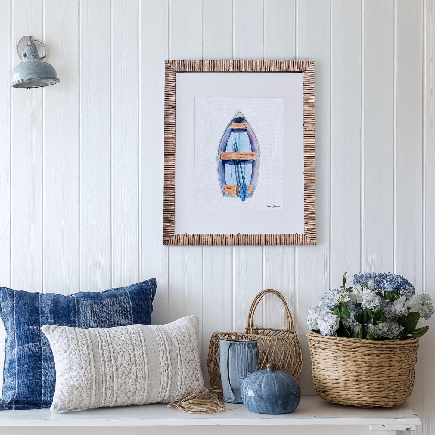 Blue Rowboat Framed Watercolor Art Print