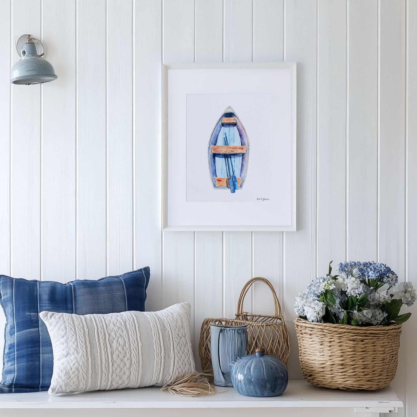 Blue Rowboat Framed Watercolor Art Print