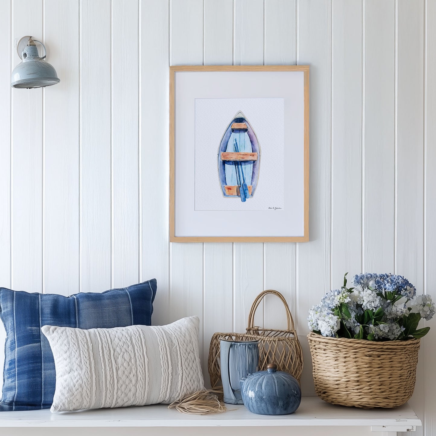 Blue Rowboat Framed Watercolor Art Print