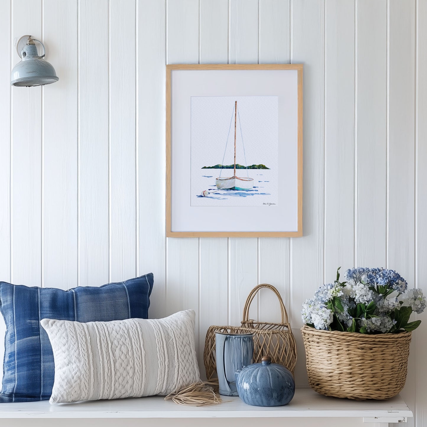 Moored Sailboat Framed Watercolor Art Print
