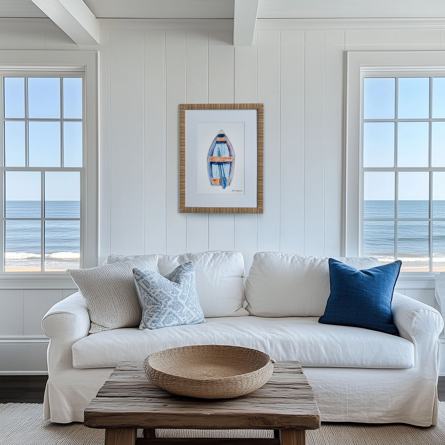 Blue Rowboat Framed Watercolor Art Print