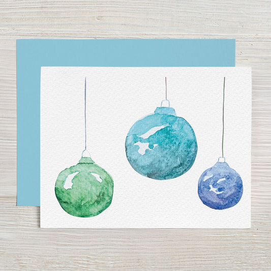 Blue & Green Ornaments Watercolor Holiday Card Set