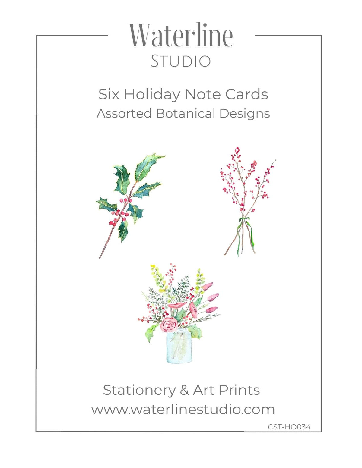 Holiday Botanicals Watercolor Note Card Set - Assorted Designs