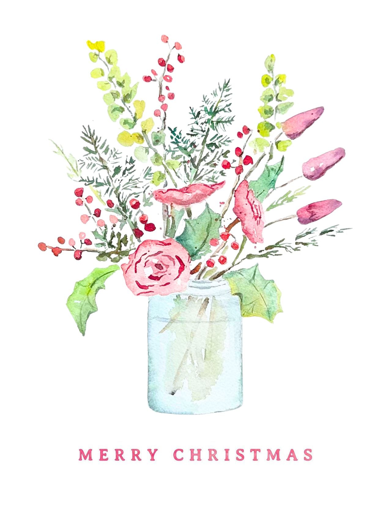 Christmas Watercolor Card: Wildflower Winter Bouquet
